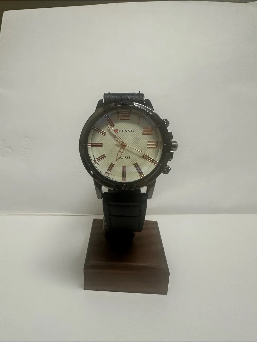 Oulang Men's Black Leather Strap Quartz Watch with Cream Dial